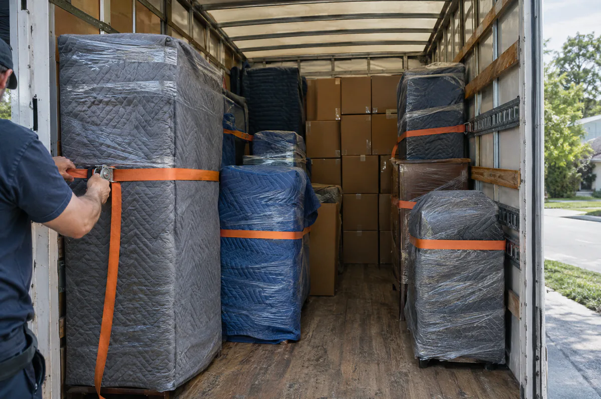 Meble zabezpieczone kocami transportowymi i pasami wewnątrz samochodu przeprowadzkowego