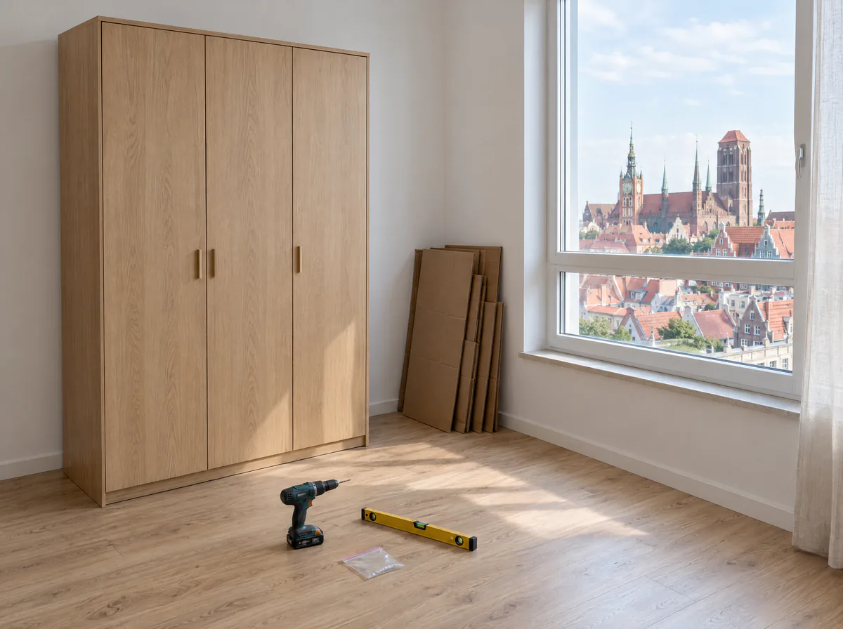 Złożona szafa w nowym mieszkaniu, obok wkrętarka i poziomica